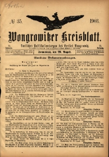 Wongrowitzer Kreisblatt: Amtliches Publikationsorgan des Kreises Wongrowitz 1903.08.29 Jg.52 Nr35