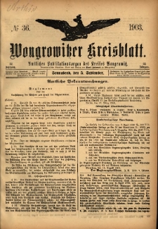Wongrowitzer Kreisblatt: Amtliches Publikationsorgan des Kreises Wongrowitz 1903.09.05 Jg.52 Nr36