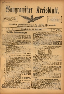 Wongrowitzer Kreisblatt: Amtliches Publikationsorgan des Kreises Wongrowitz 1904.04.23 Jg.53 Nr17