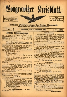 Wongrowitzer Kreisblatt: Amtliches Publikationsorgan des Kreises Wongrowitz 1905.09.23 Jg.54 Nr38