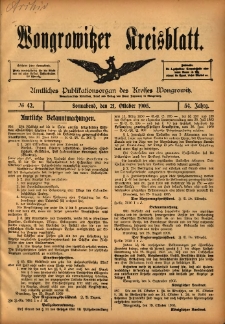 Wongrowitzer Kreisblatt: Amtliches Publikationsorgan des Kreises Wongrowitz 1905.10.21 Jg.54 Nr42