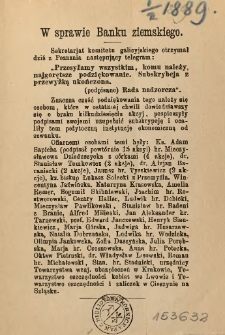 W sprawie Banku Ziemskiego. [Inc.:] Sekretarjat komitetu galicyjskiego otrzymał dziś z Poznania następujący telegram [...]