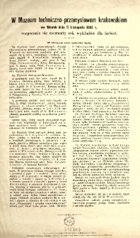 W Muzeum techniczno-przemysłowem krakowskiem we wtorek dnia 6 listopada 1883 r. rozpocznie się szesnasty rok wykład&oacute;w dla kobiet