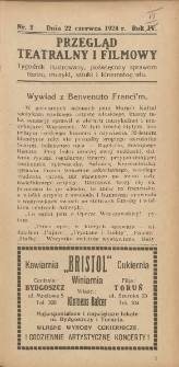 Przegląd Teatralny i Filmowy: tygodnik ilustrowany poświęcony sprawom teatru, muzyki, sztuki i kinematografu 1924.06.22 R.6 Nr2