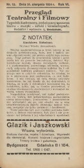 Przegląd Teatralny i Filmowy: tygodnik ilustrowany poświęcony sprawom teatru, muzyki, sztuki i kinematografu 1924.08.31 R.6 Nr12