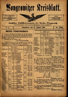 Wongrowitzer Kreisblatt: Amtliches Publikationsorgan des Kreises Wongrowitz 1907.01.12 Jg.56 Nr2