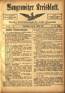 Wongrowitzer Kreisblatt: Amtliches Publikationsorgan des Kreises Wongrowitz 1907.03.16 Jg.56 Nr11
