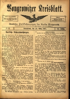 Wongrowitzer Kreisblatt: Amtliches Publikationsorgan des Kreises Wongrowitz 1907.03.23 Jg.56 Nr12