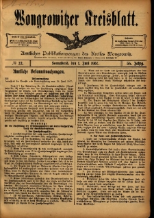 Wongrowitzer Kreisblatt: Amtliches Publikationsorgan des Kreises Wongrowitz 1907.06.01 Jg.56 Nr22