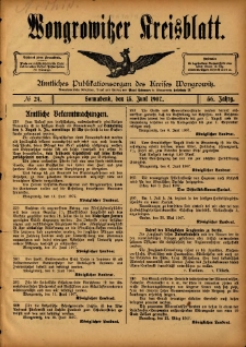 Wongrowitzer Kreisblatt: Amtliches Publikationsorgan des Kreises Wongrowitz 1907.06.15 Jg.56 Nr24