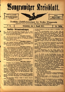 Wongrowitzer Kreisblatt: Amtliches Publikationsorgan des Kreises Wongrowitz 1907.08.03 Jg.56 Nr31