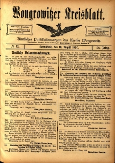 Wongrowitzer Kreisblatt: Amtliches Publikationsorgan des Kreises Wongrowitz 1907.08.10 Jg.56 Nr32