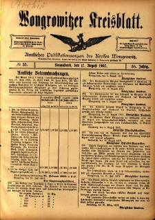 Wongrowitzer Kreisblatt: Amtliches Publikationsorgan des Kreises Wongrowitz 1907.08.17 Jg.56 Nr33