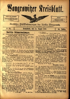 Wongrowitzer Kreisblatt: Amtliches Publikationsorgan des Kreises Wongrowitz 1907.08.24 Jg.56 Nr34