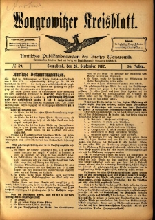 Wongrowitzer Kreisblatt: Amtliches Publikationsorgan des Kreises Wongrowitz 1907.09.28 Jg.56 Nr39