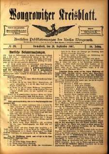 Wongrowitzer Kreisblatt: Amtliches Publikationsorgan des Kreises Wongrowitz 1907.09.28 Jg.56 Nr39