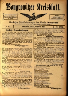 Wongrowitzer Kreisblatt: Amtliches Publikationsorgan des Kreises Wongrowitz 1907.10.05 Jg.56 Nr40