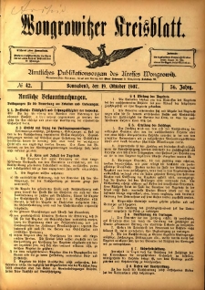 Wongrowitzer Kreisblatt: Amtliches Publikationsorgan des Kreises Wongrowitz 1907.10.19 Jg.56 Nr42