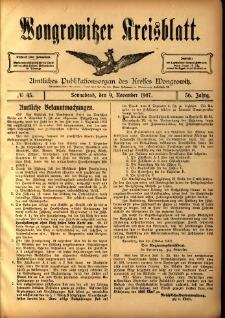 Wongrowitzer Kreisblatt: Amtliches Publikationsorgan des Kreises Wongrowitz 1907.11.09 Jg.56 Nr45