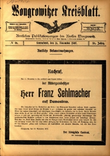 Wongrowitzer Kreisblatt: Amtliches Publikationsorgan des Kreises Wongrowitz 1907.11.16 Jg.56 Nr46