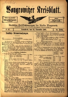 Wongrowitzer Kreisblatt: Amtliches Publikationsorgan des Kreises Wongrowitz 1907.11.23 Jg.56 Nr47