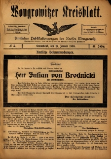 Wongrowitzer Kreisblatt: Amtliches Publikationsorgan des Kreises Wongrowitz 1908.01.18 Jg.57 Nr3
