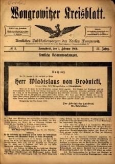 Wongrowitzer Kreisblatt: Amtliches Publikationsorgan des Kreises Wongrowitz 1908.02.01 Jg.57 Nr5