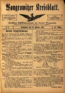Wongrowitzer Kreisblatt: Amtliches Publikationsorgan des Kreises Wongrowitz 1908.02.29 Jg.57 Nr9