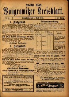 Zweites Blatt. Wongrowitzer Kreisblatt. 1908.04.04 Jg 57 Nr14