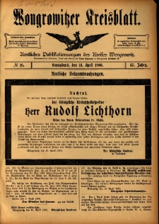 Wongrowitzer Kreisblatt: Amtliches Publikationsorgan des Kreises Wongrowitz 1908.04.18 Jg.57 Nr16
