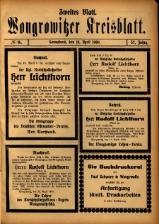 Zweites Blatt. Wongrowitzer Kreisblatt. 1908.04.18 Jg 57 Nr16