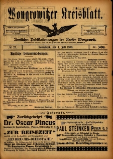 Wongrowitzer Kreisblatt: Amtliches Publikationsorgan des Kreises Wongrowitz 1908.07.04 Jg.57 Nr27