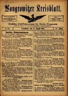 Wongrowitzer Kreisblatt: Amtliches Publikationsorgan des Kreises Wongrowitz 1908.08.22 Jg.57 Nr34