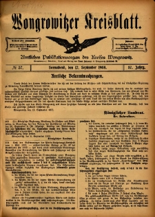 Wongrowitzer Kreisblatt: Amtliches Publikationsorgan des Kreises Wongrowitz 1908.09.12 Jg.57 Nr37