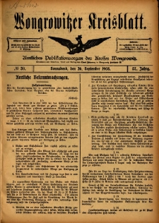 Wongrowitzer Kreisblatt: Amtliches Publikationsorgan des Kreises Wongrowitz 1908.09.26 Jg.57 Nr39