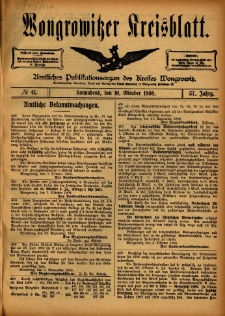 Wongrowitzer Kreisblatt: Amtliches Publikationsorgan des Kreises Wongrowitz 1908.10.10 Jg.57 Nr41