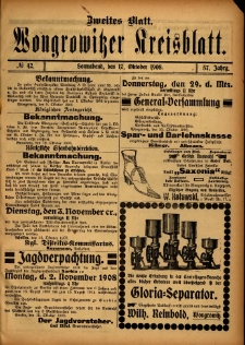 Zweites Blatt. Wongrowitzer Kreisblatt. 1908.10.17 Jg 57 Nr42
