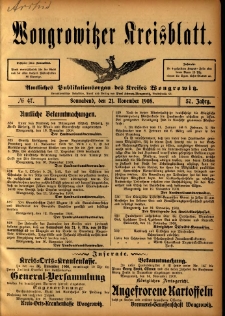 Wongrowitzer Kreisblatt: Amtliches Publikationsorgan des Kreises Wongrowitz 1908.11.21 Jg.57 Nr47
