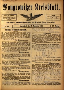 Wongrowitzer Kreisblatt: Amtliches Publikationsorgan des Kreises Wongrowitz 1908.12.05 Jg.57 Nr49