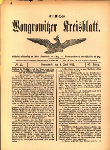 Amtliches Wongrowitzer Kreisblatt. 1912.06.01 Jg.62 Nr22
