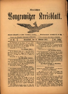 Amtliches Wongrowitzer Kreisblatt. 1912.10.26 Jg.62 Nr43
