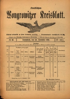 Amtliches Wongrowitzer Kreisblatt. 1912.11.30 Jg.62 Nr48