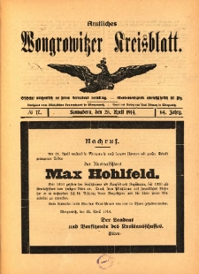Amtliches Wongrowitzer Kreisblatt. 1914.04.25 Jg.64 Nr17