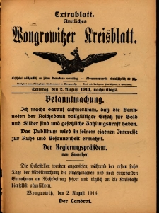 Extrabllatt. Amtliches Wongrowitzer Kreisblatt. 1914.08.02, nachmittags.