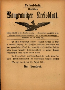 Extrabllatt. Amtliches Wongrowitzer Kreisblatt. 1914.08.29