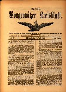 Amtliches Wongrowitzer Kreisblatt. 1915.07.02 Jg.54 Nr27