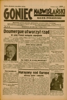 Goniec Nadwiślański: Głos Pomorski: Niezależne pismo poranne, poświęcone sprawom stanu średniego 1934.02.11 R.10 Nr33