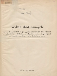Wykaz Zbóż Ozimych, Uznanych Warunkowo na Pniu przez Wielkopolską Izbę Rolniczą 1930 R. 1