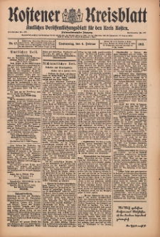 Kostener Kreisblatt: amtliches Ver&ouml;ffentlichungsblatt f&uuml;r den Kreis Kosten 1912.02.08 Jg.47 Nr17