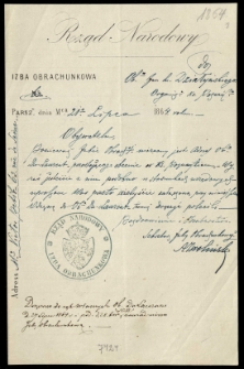 Akta dot. likwidacji rachunk&oacute;w z fundusz&oacute;w powstańczych złożonych przez Jana Działyńskiego Izbie Obrachunkowej w Paryżu